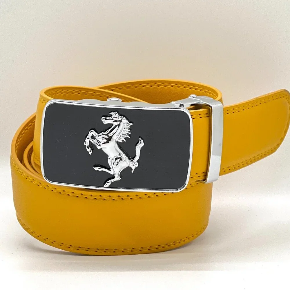 Mustard Yellow Belt Men's Women Leather Ratchet Belt with Automatic Buckle Horse